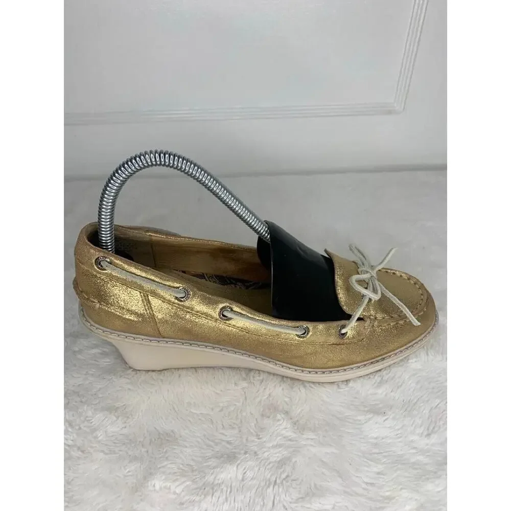 Sperry Womens Gold Metallic Wedge Boat Shoes Size 7.5M
